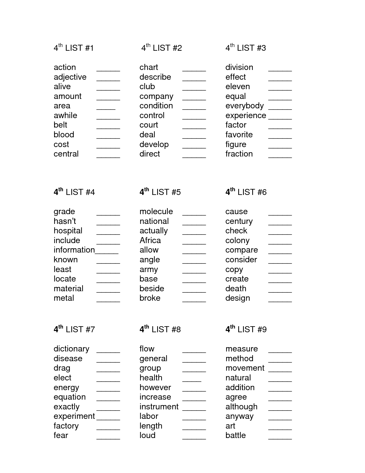 4th Grade Sight Words List