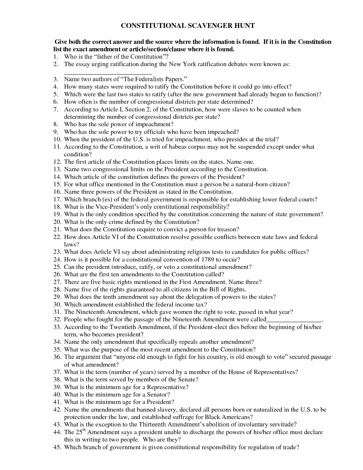 Constitutional Scavenger Hunt Answers Image