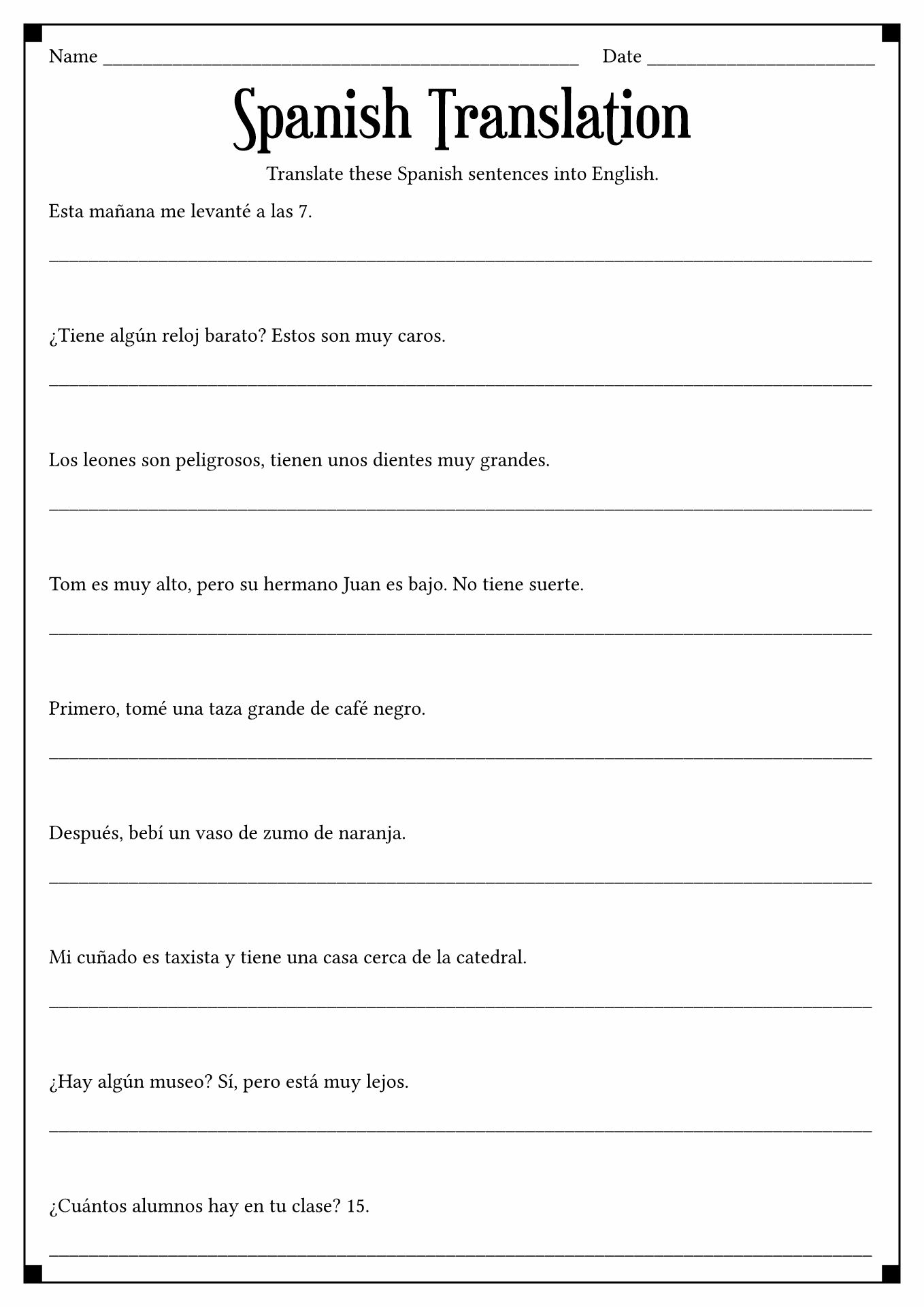 English-Spanish Translation Worksheets