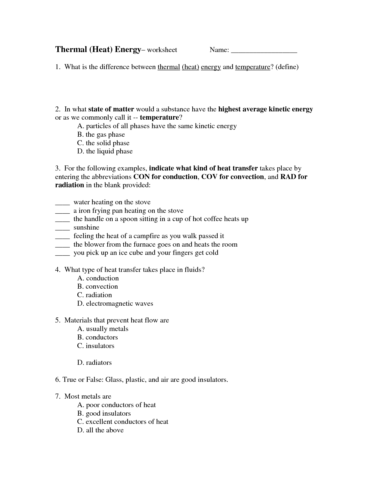 Heat and Thermal Energy Worksheet
