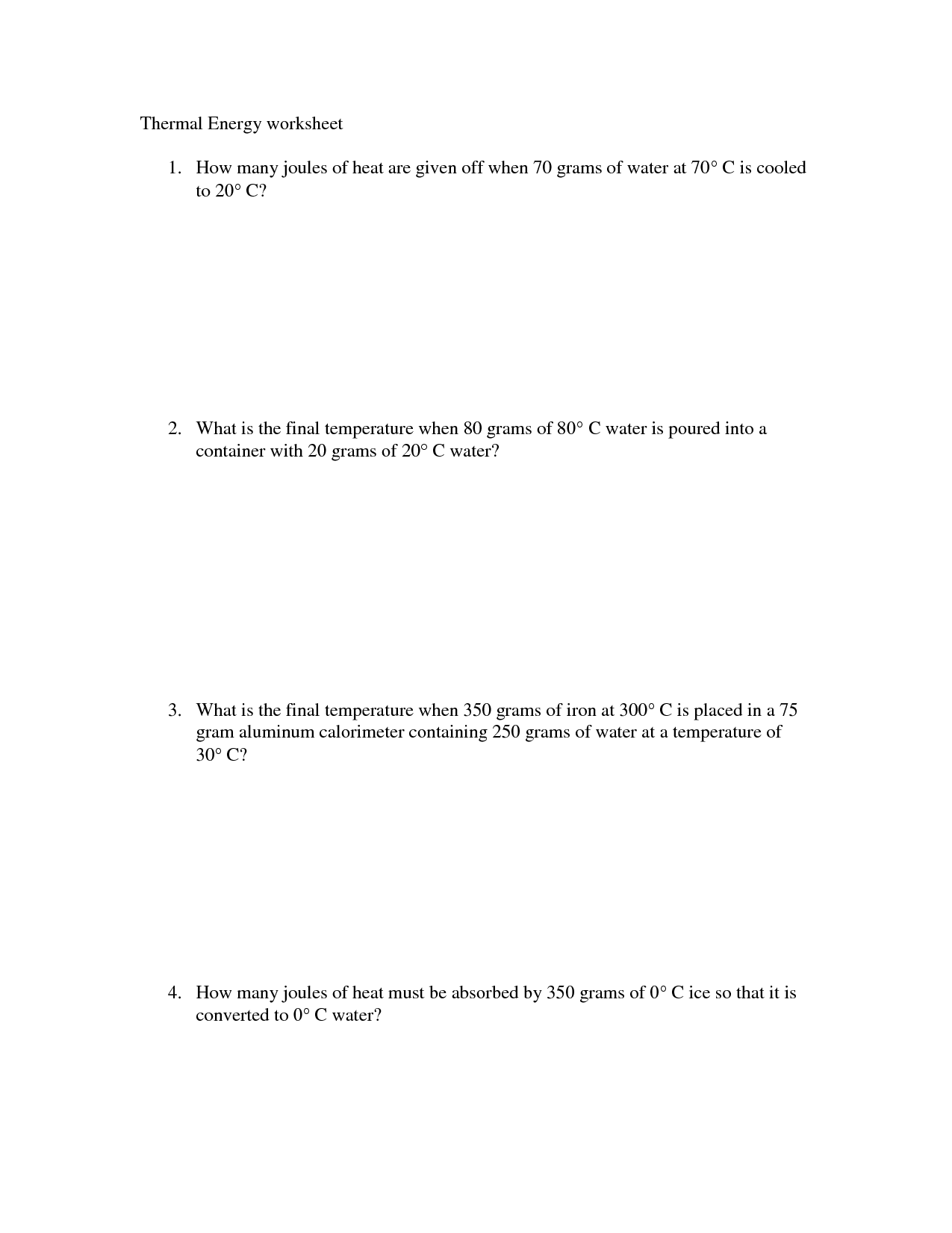 Heat and Thermal Energy Worksheet