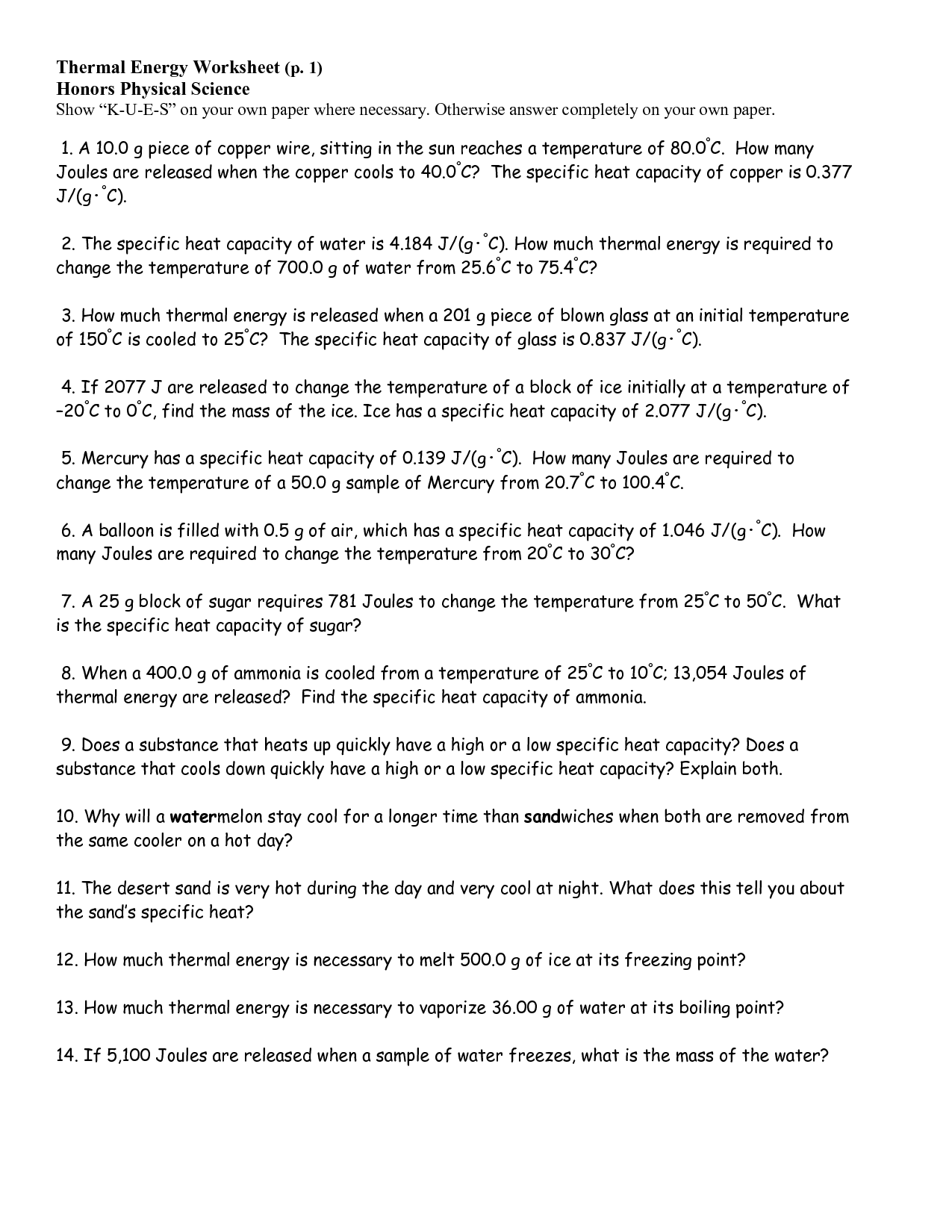 Heat and Thermal Energy Worksheet