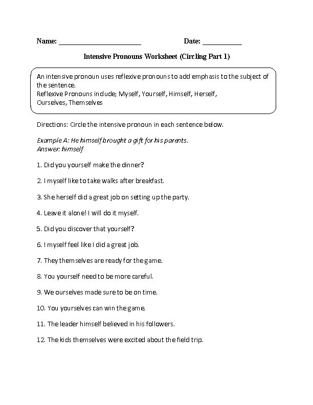 Intensive Pronouns Worksheets