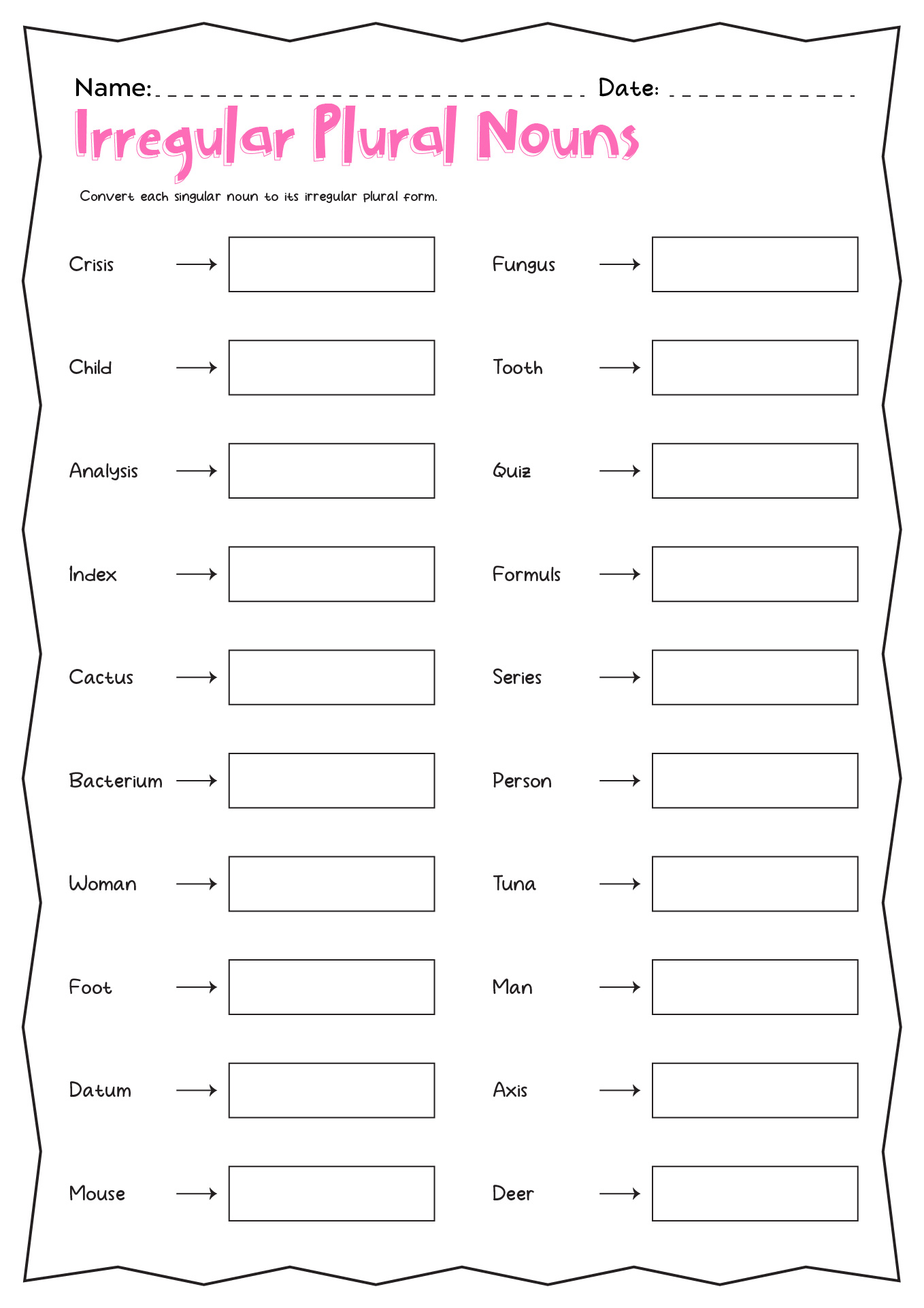 Irregular Plural Nouns Printable Worksheets