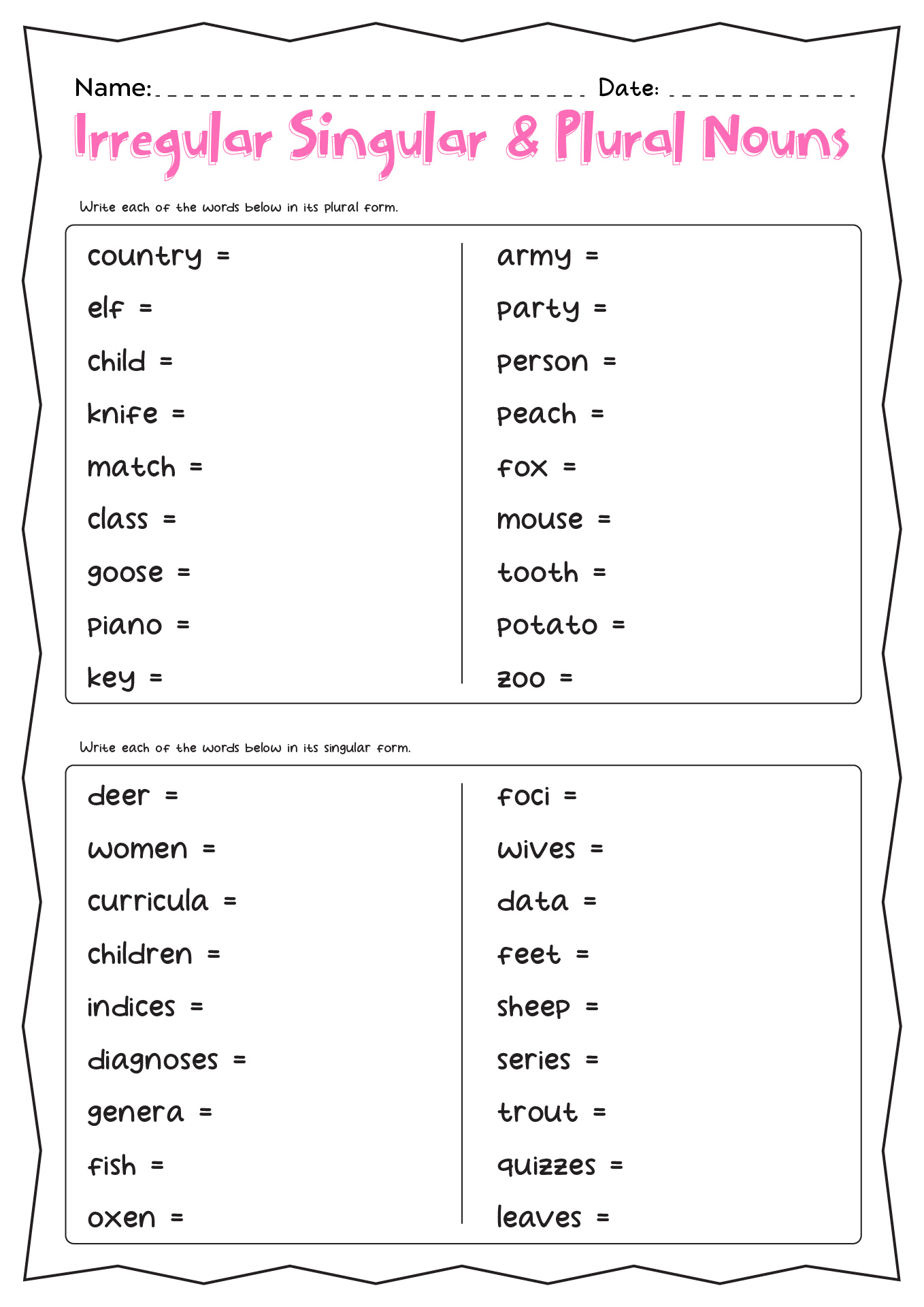 Irregular Singular and Plural Nouns Worksheet Image