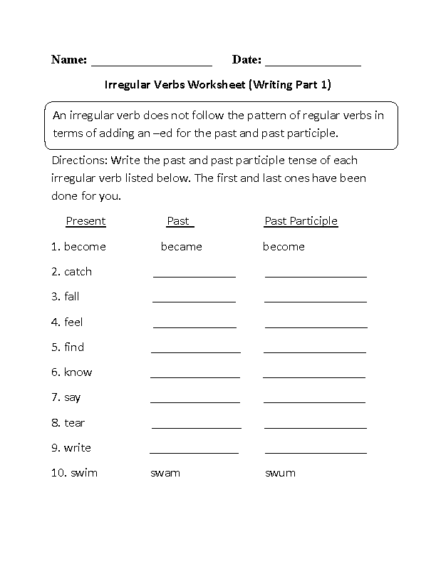 Irregular Verbs Worksheets