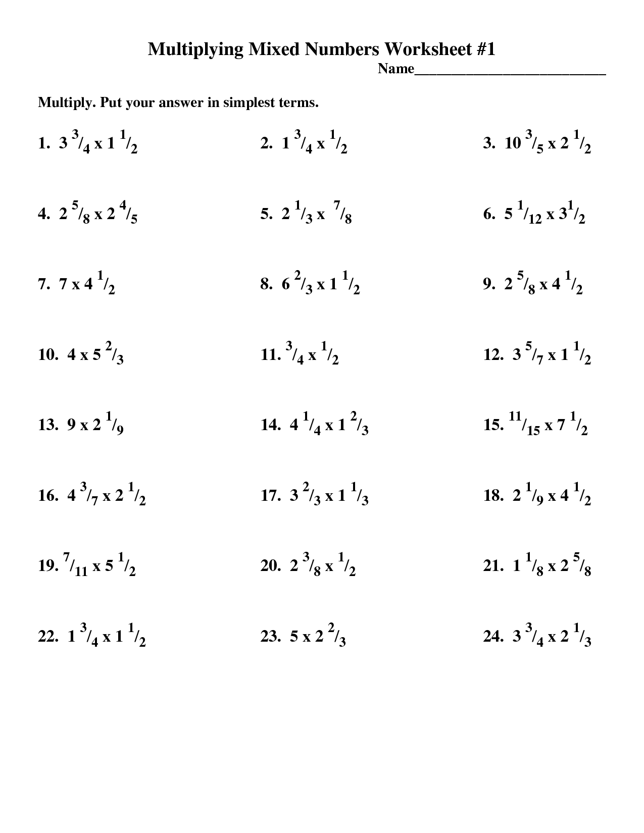 Multiplying Mixed Numbers Worksheets Image