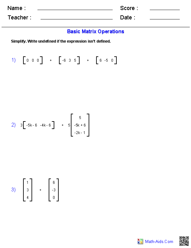Matrix Basic Worksheet Answers