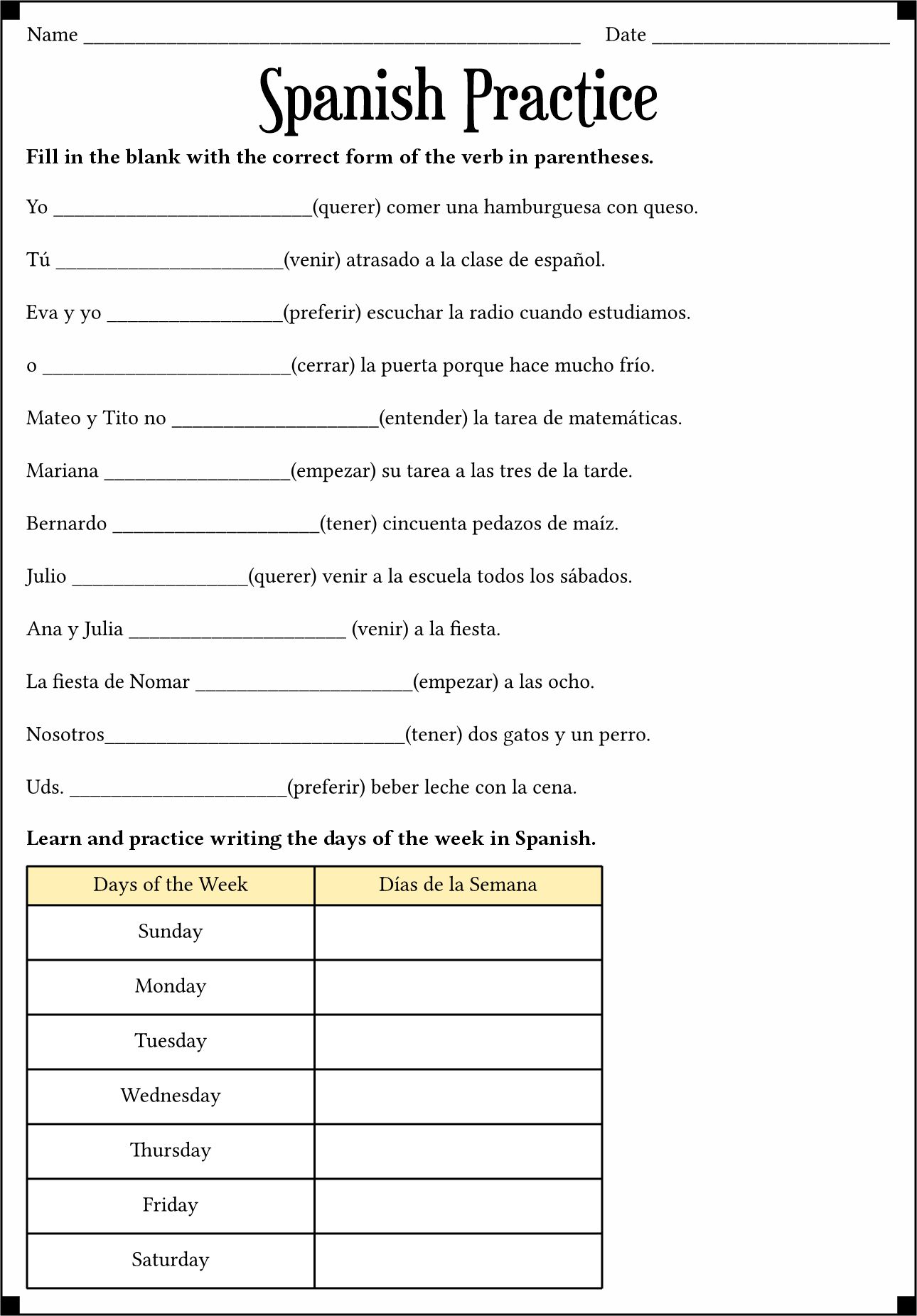 Spanish Practice Worksheets