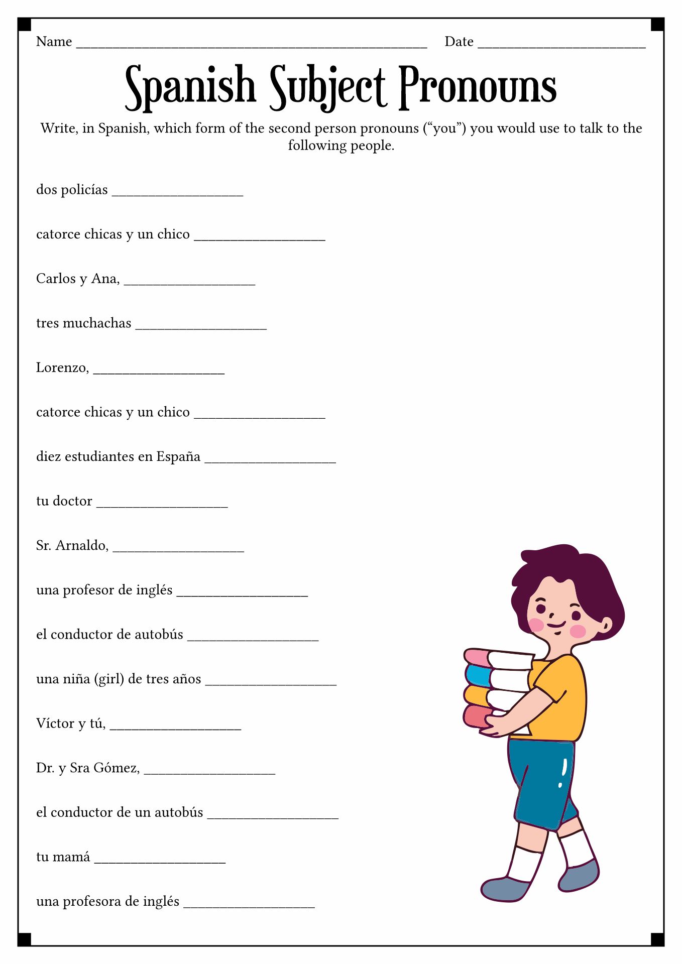 Spanish Subject Pronouns Worksheet