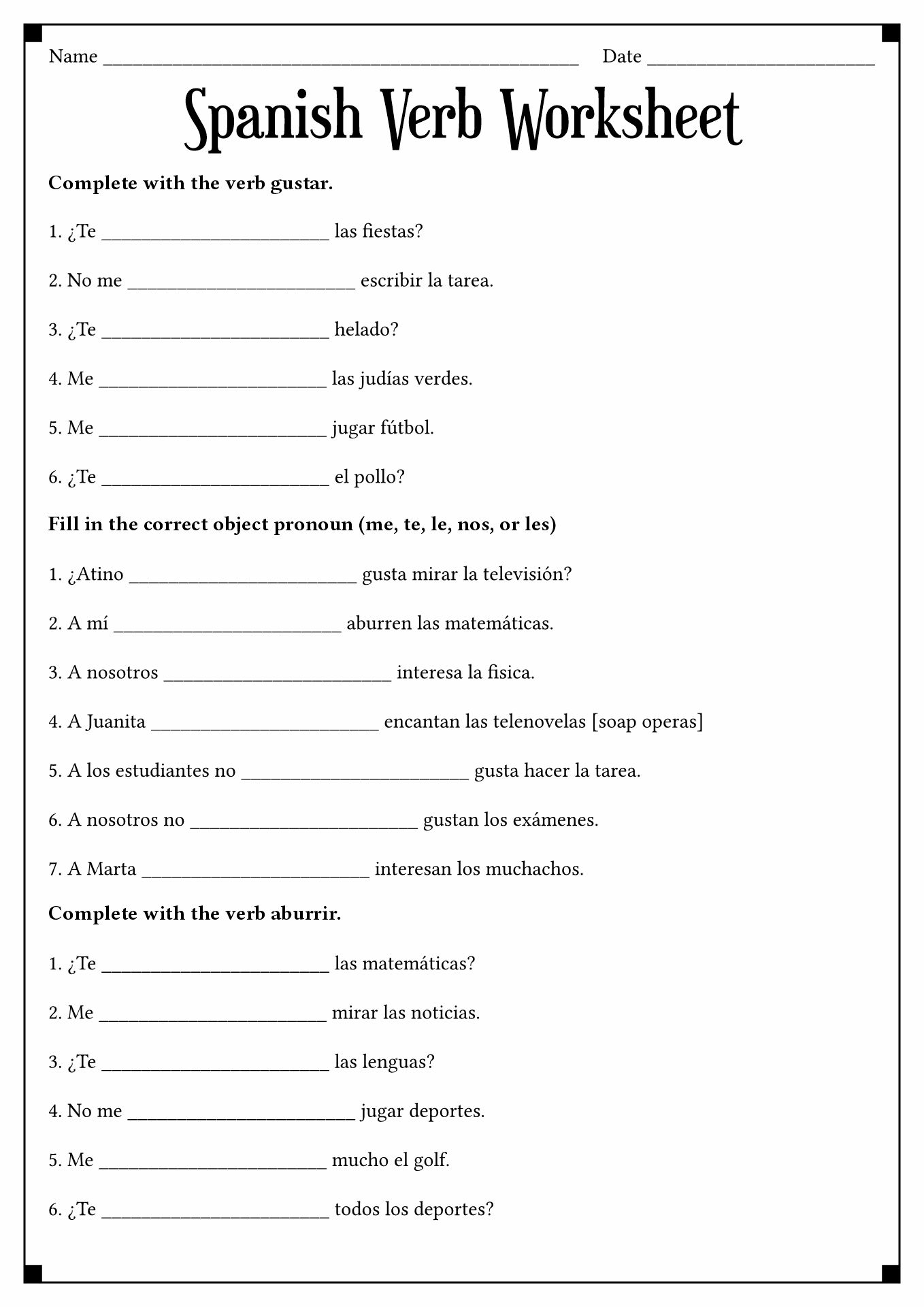 Spanish Verb Gustar Worksheets