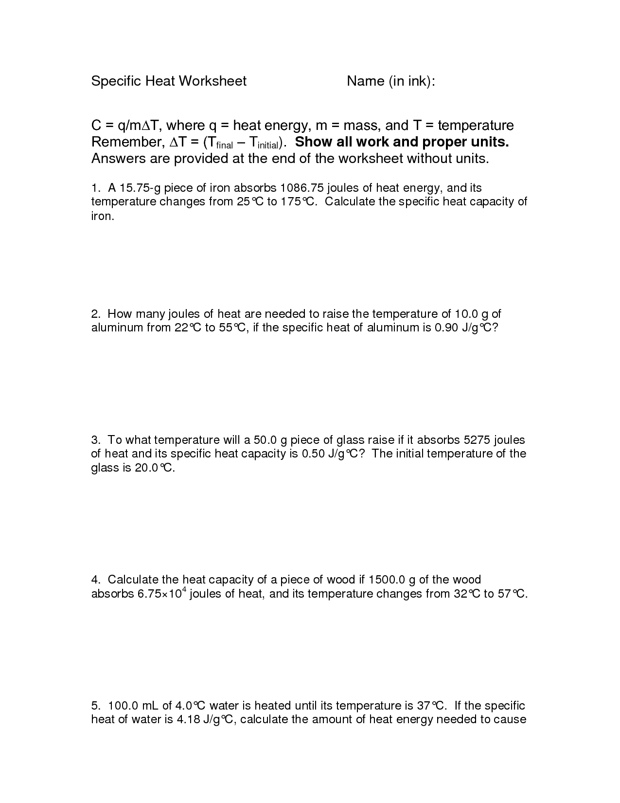 Specific Heat Calculations Worksheet Answers Image