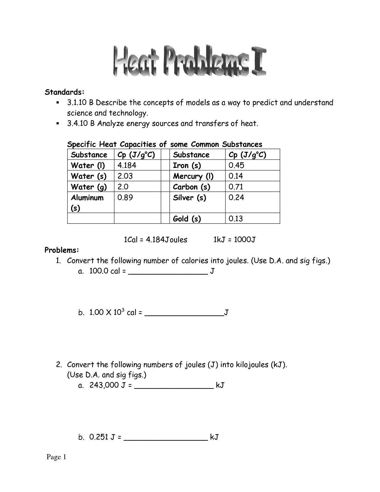Specific Heat Capacity Worksheet