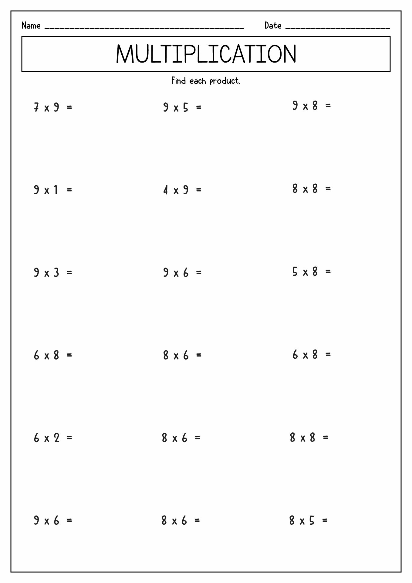 3rd Grade Multiplication Test