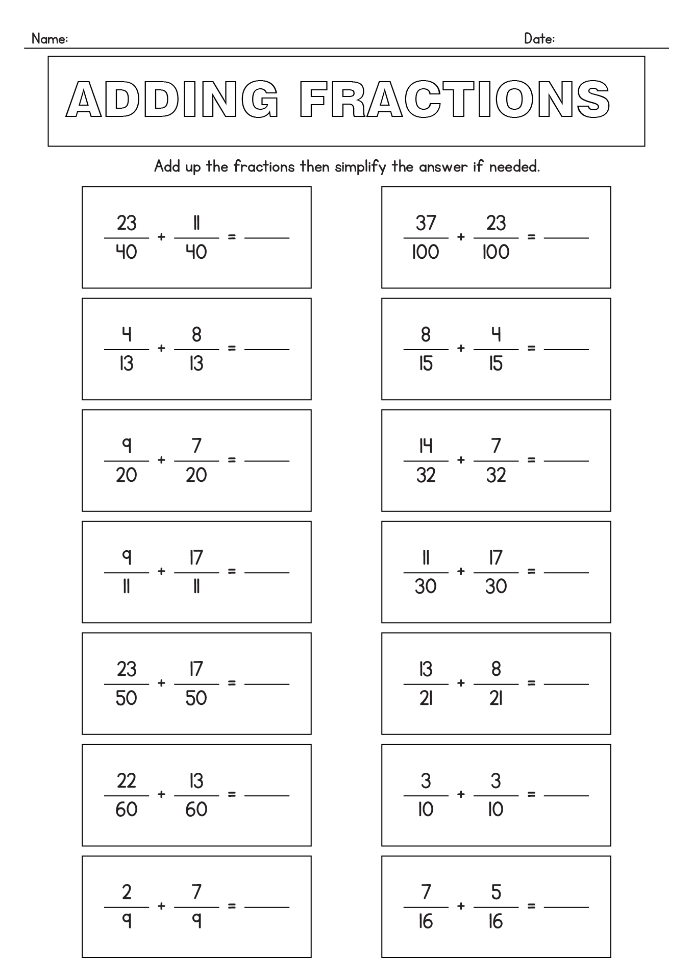 11 Adding Fractions Worksheets With Answer Key