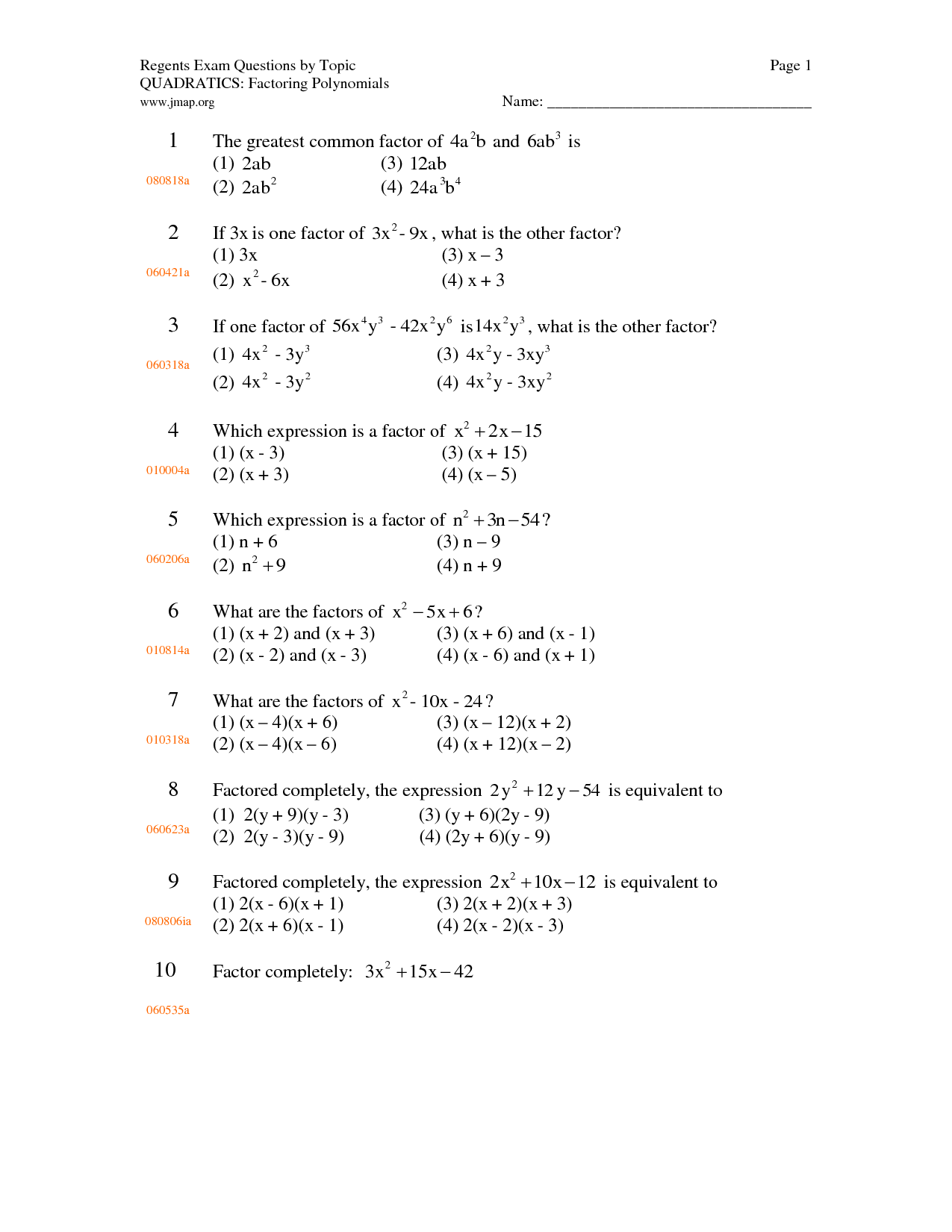 Algebra Factoring Polynomials Worksheet Image