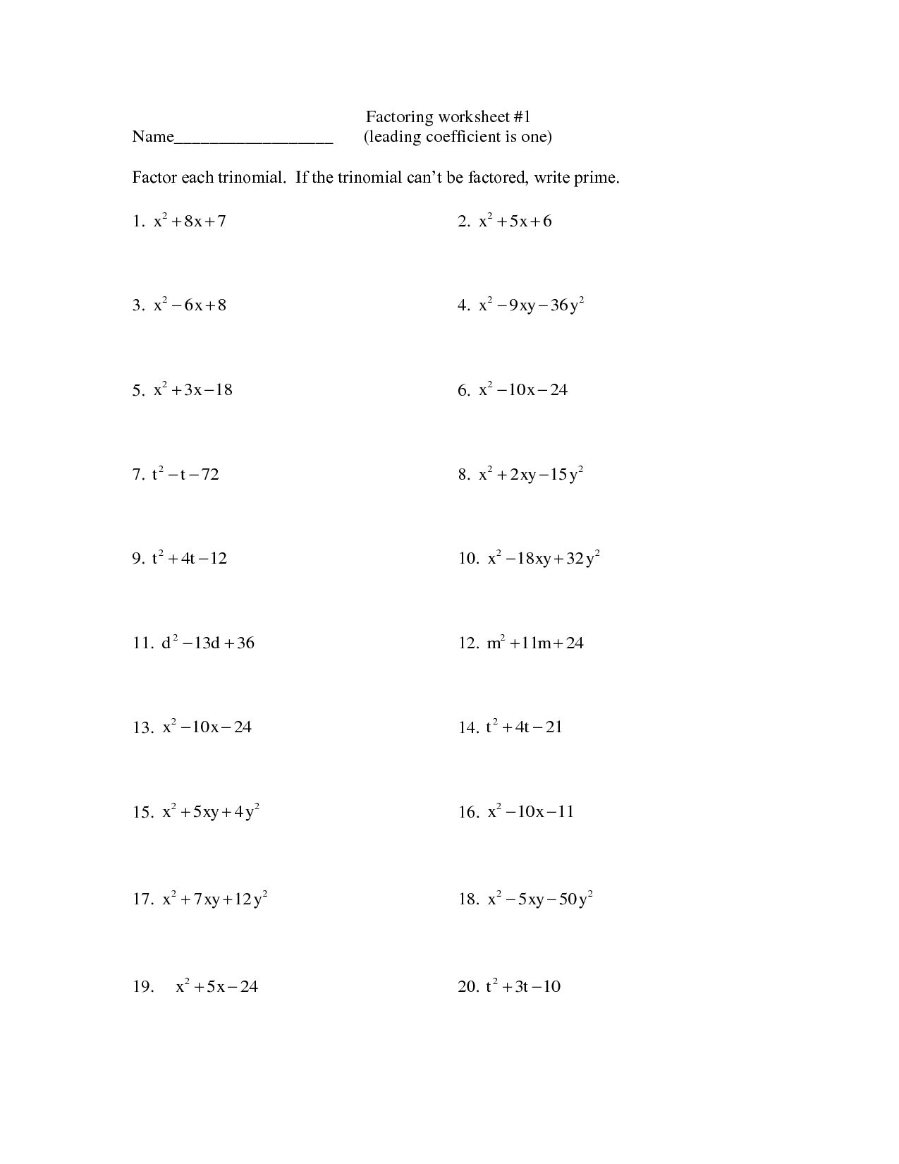 Algebra Factoring Worksheets Image
