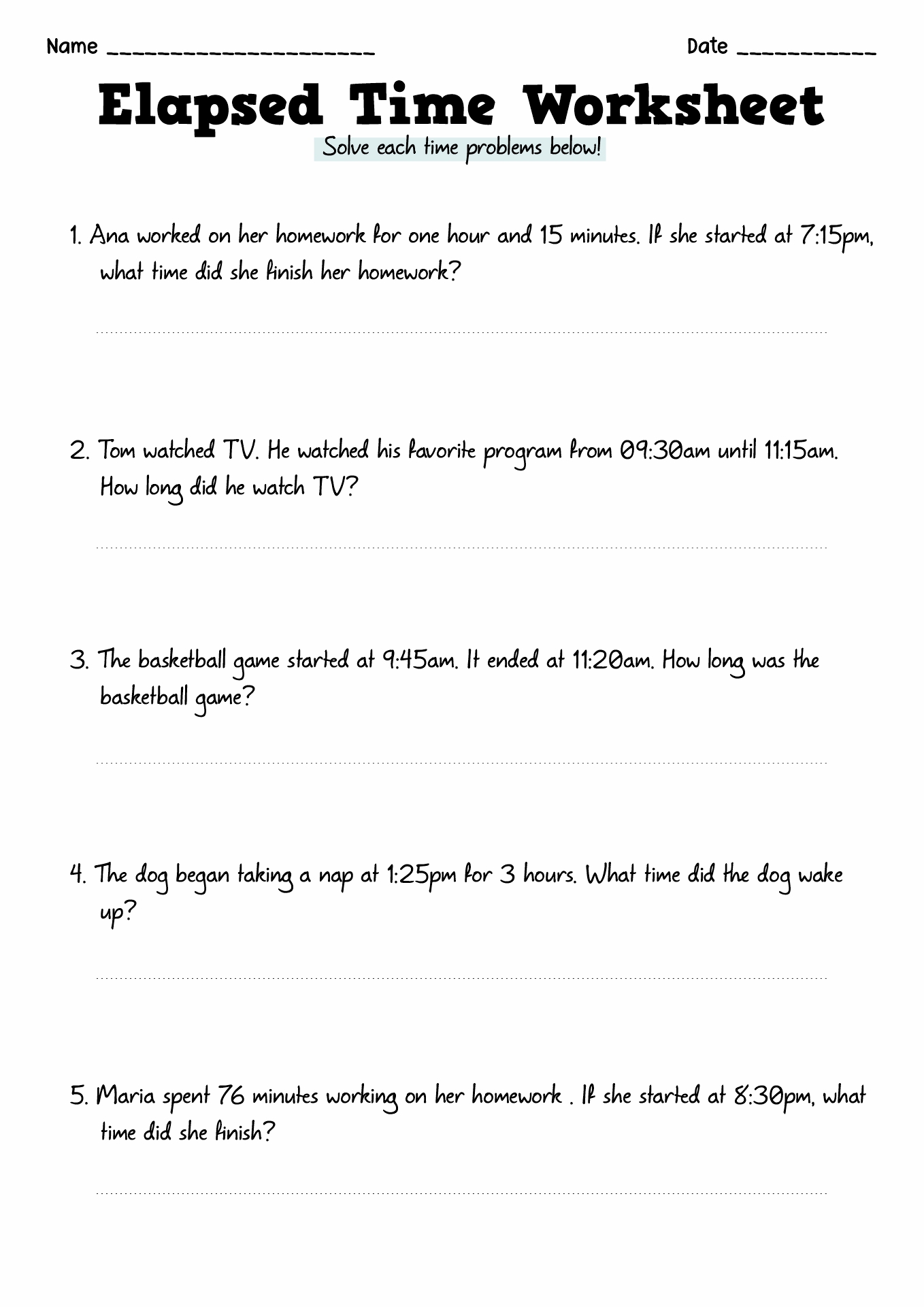 Elapsed Time Word Problems Worksheets Image