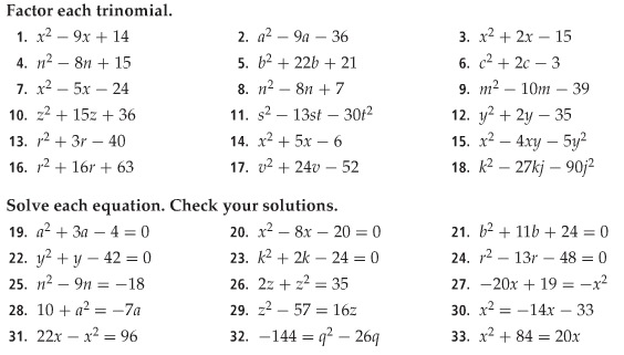 Factoring Trinomials Worksheets with Answers Image