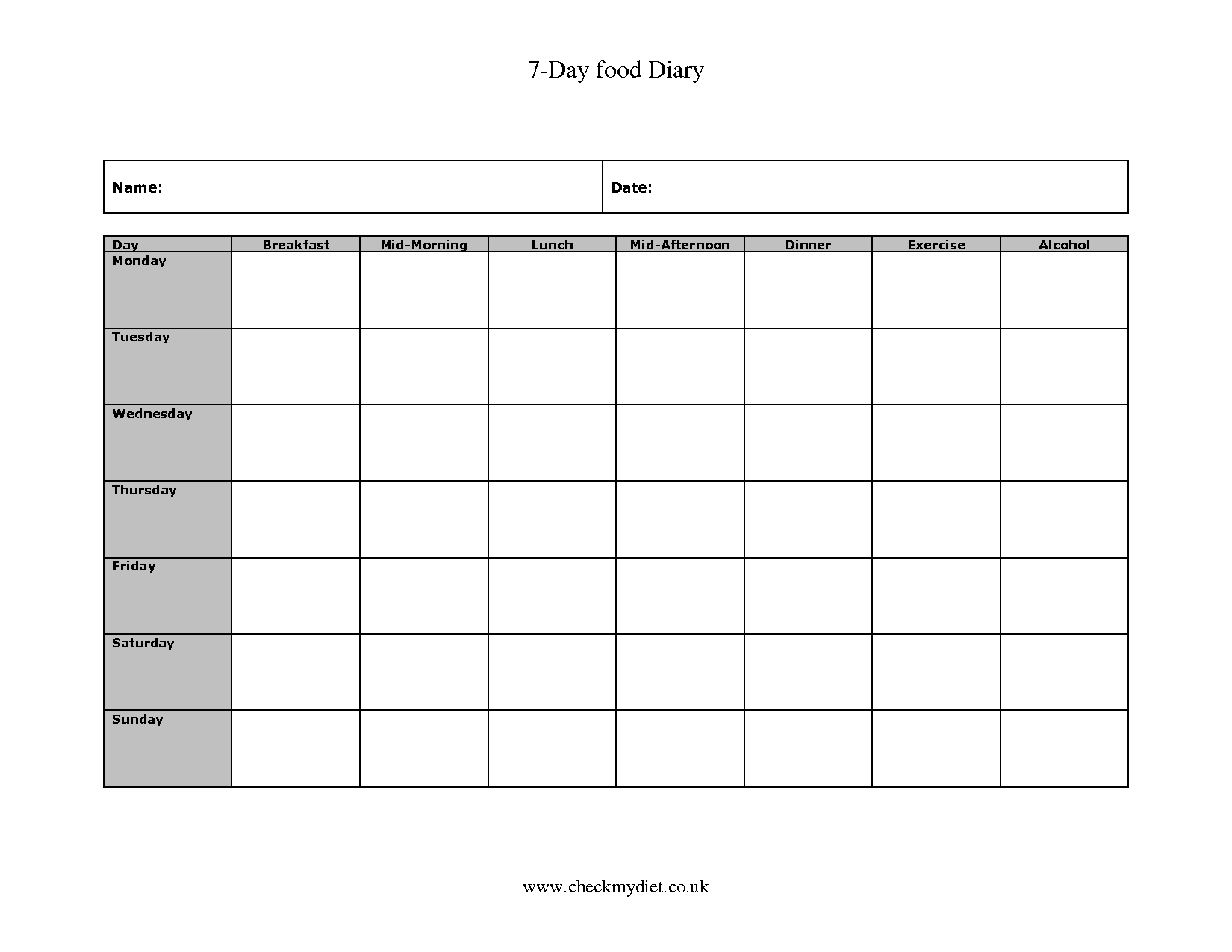 Food Diary Log Sheets Image