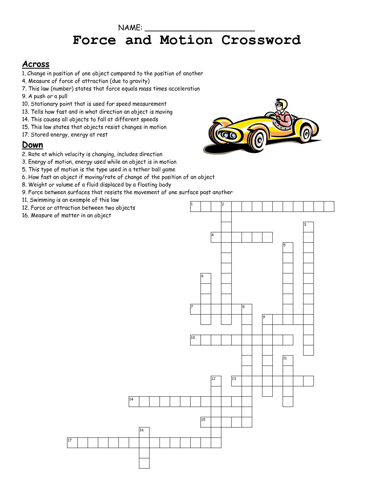 Force and Motion Crossword Puzzle Image