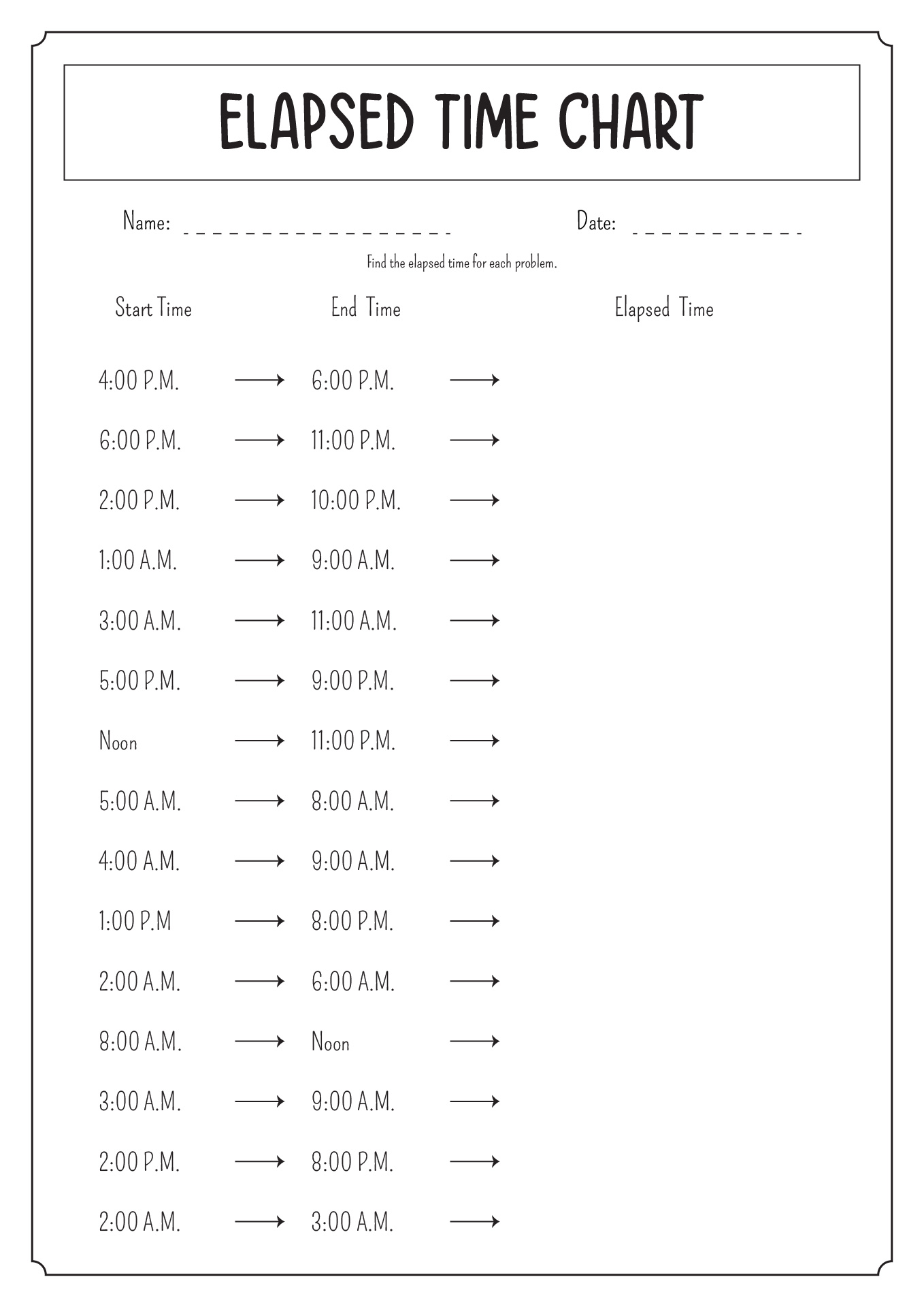 Free Printable Elapsed Time Chart