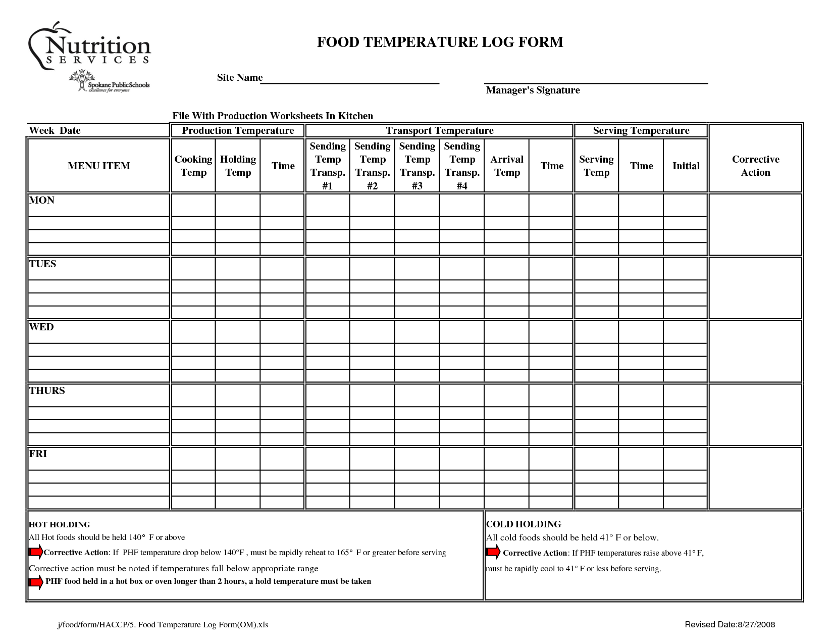 HACCP Food Temperature Log Sheet Image