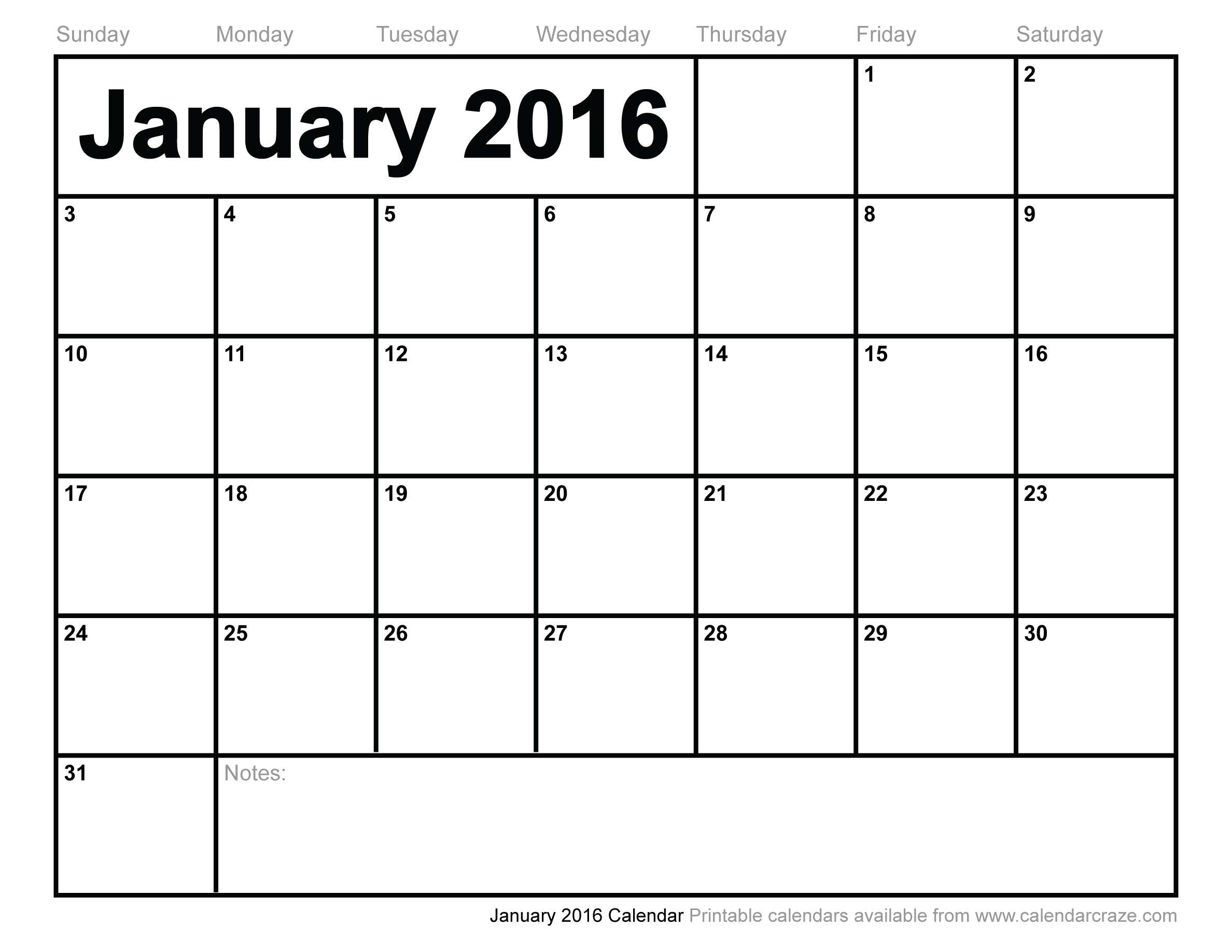 January 2016 Printable Calendar Template Image