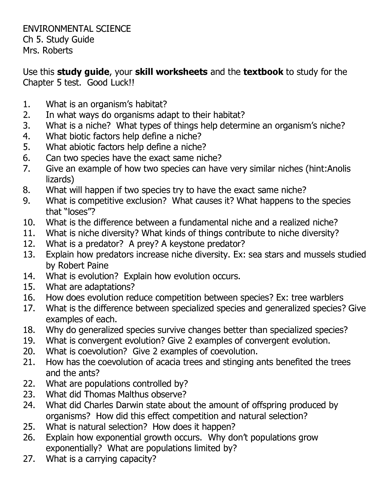 Habitat Vs Niche Worksheet Answer Key