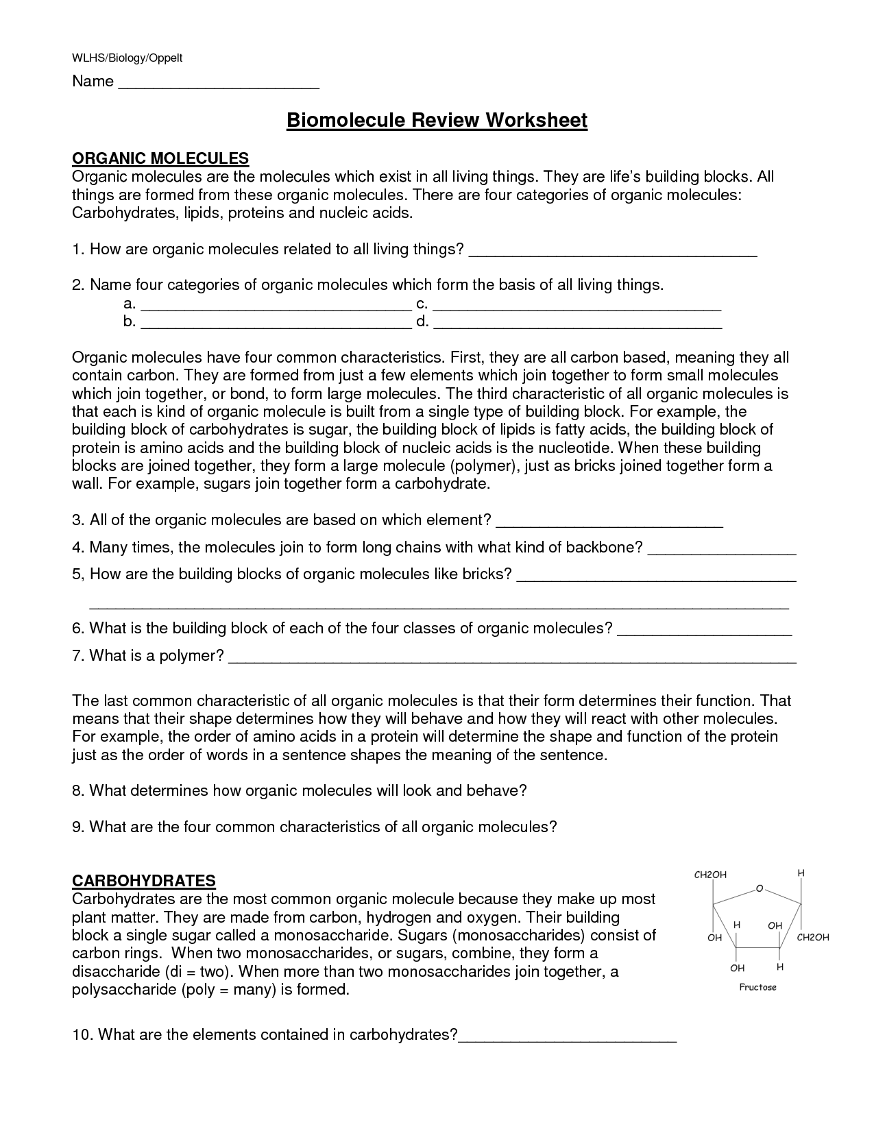Organic Molecules Worksheet Review Answers Image