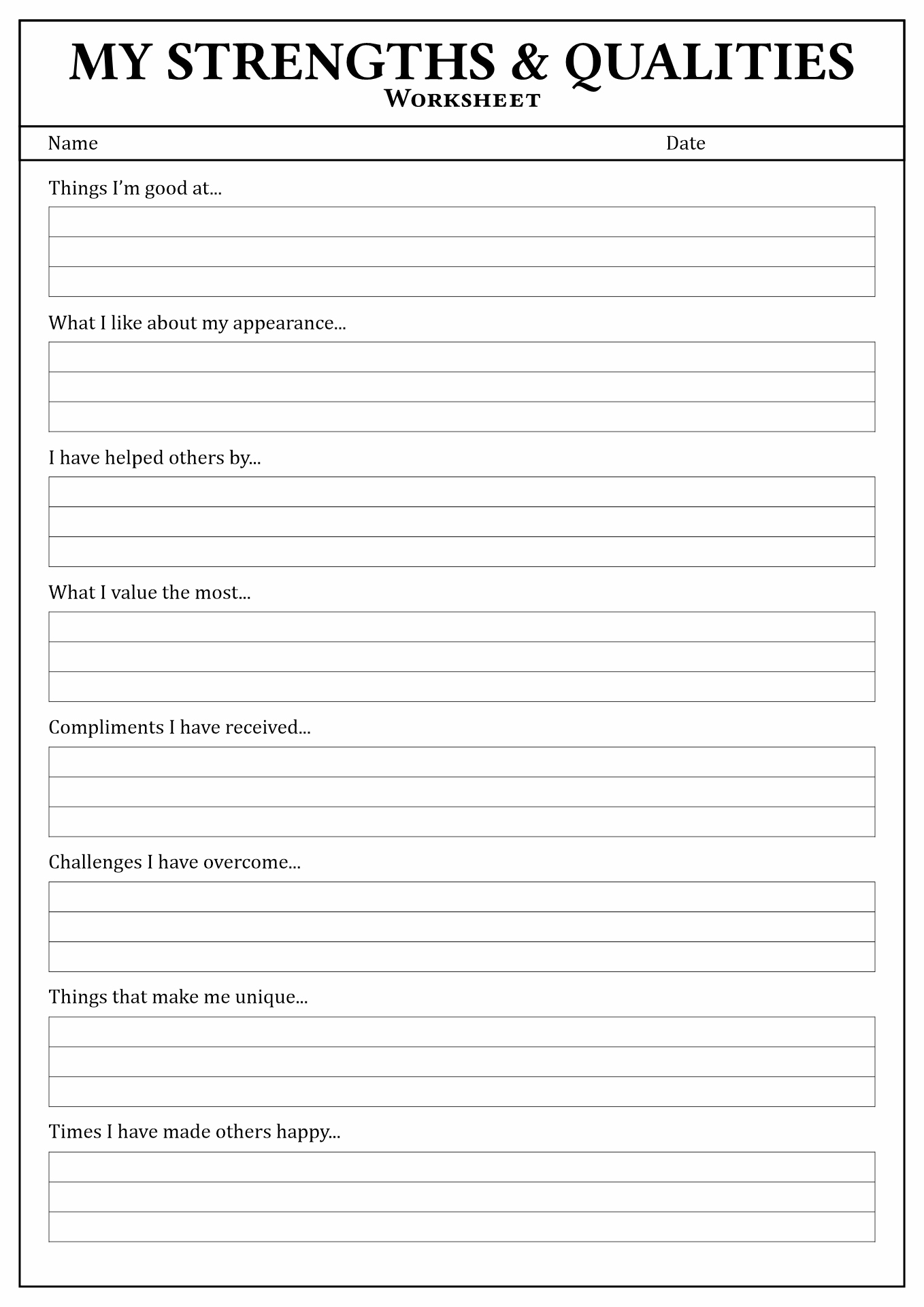 Personal Strengths and Weaknesses Worksheet
