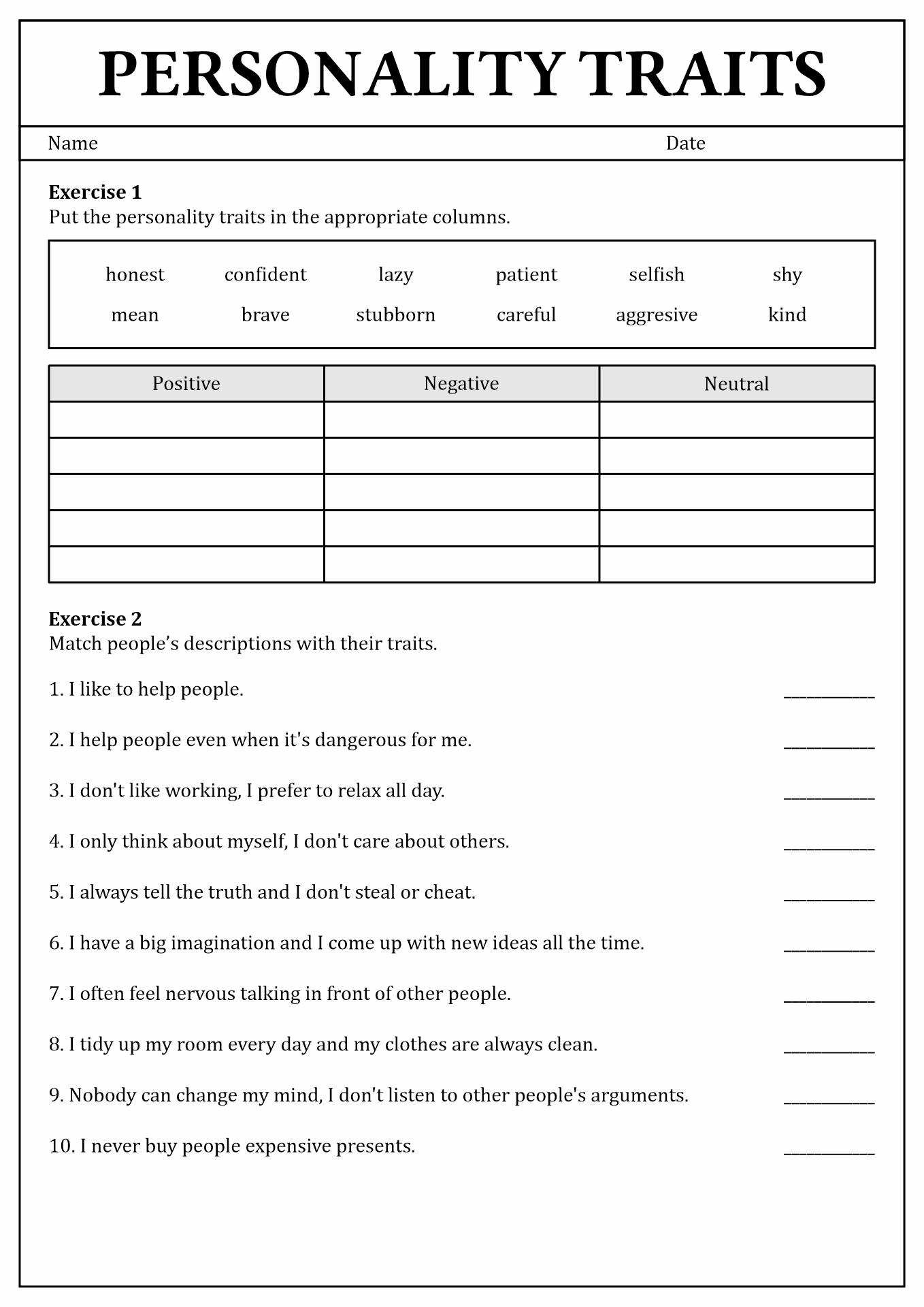 Personality Types Worksheet