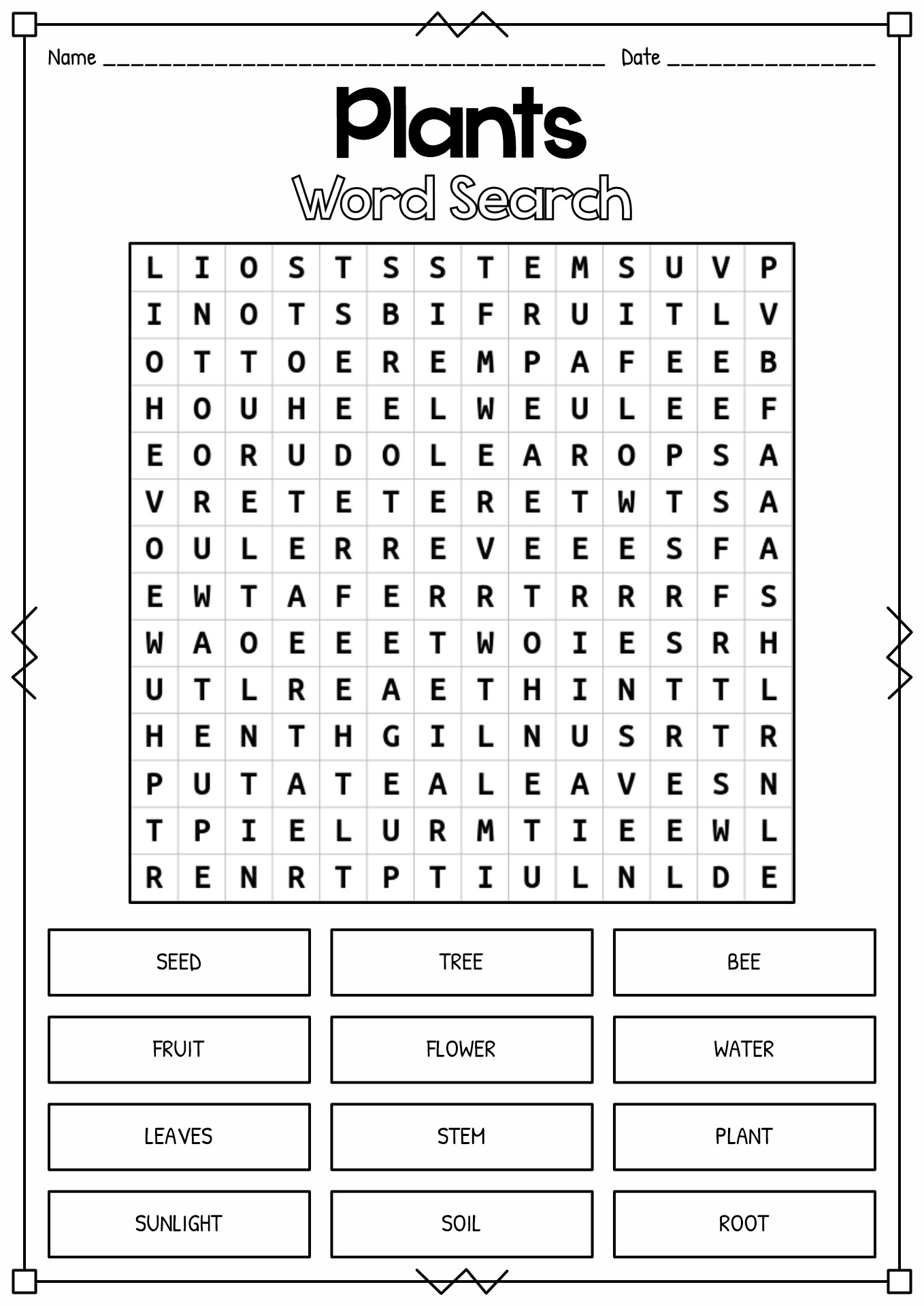 Plant Word Search Printable