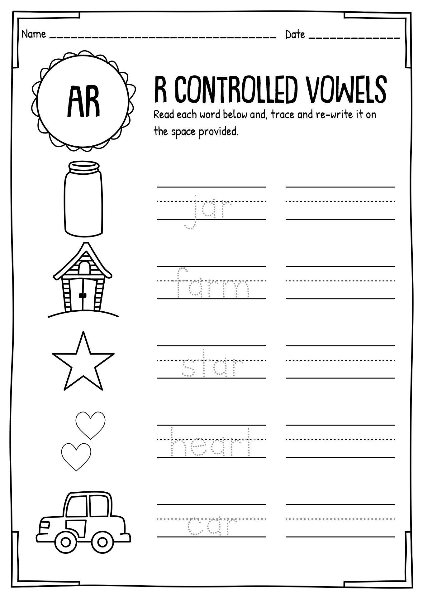 R Controlled Vowel AR Worksheets