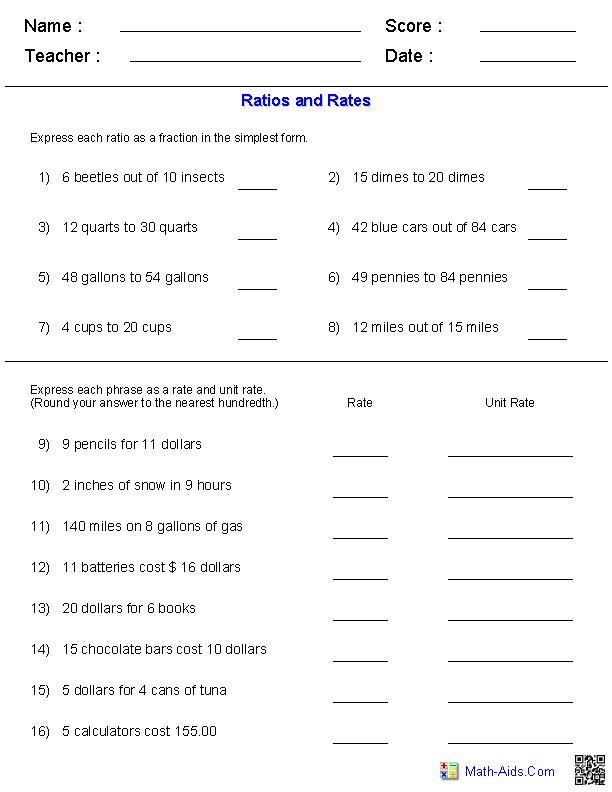 Rates and Ratios Worksheets 6th Grade Answers Image