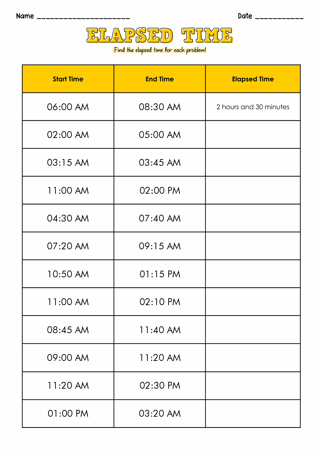 Table Elapsed Time Worksheets Image