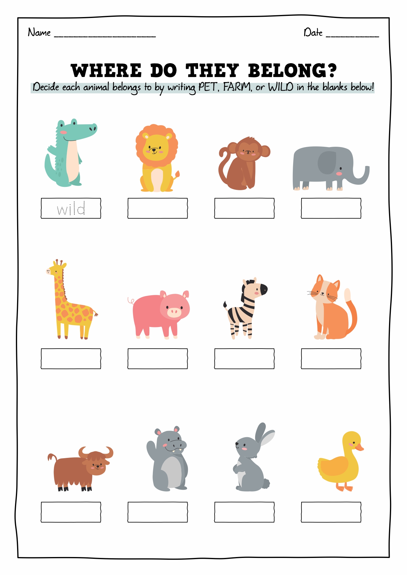 Wild and Farm Animal Worksheet Image