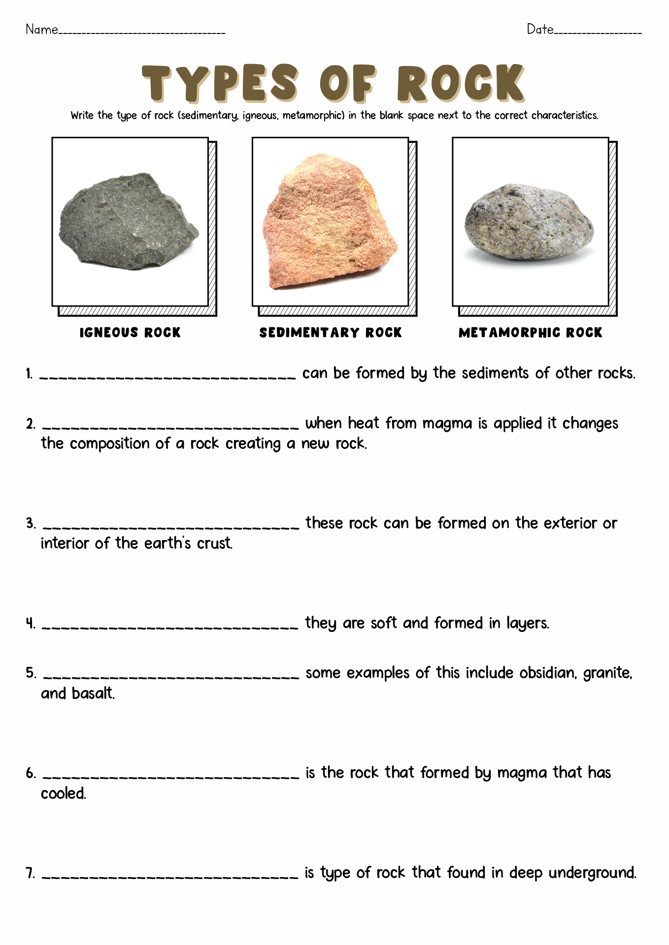 3 Types of Rocks Worksheet