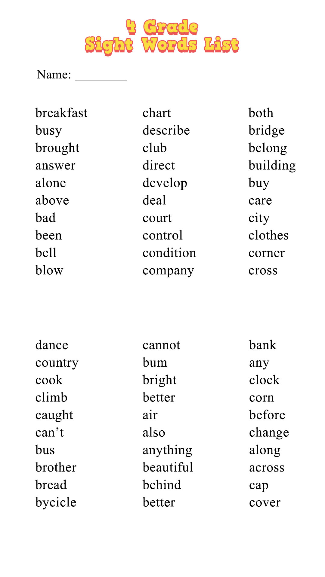 4 Grade Sight Words List