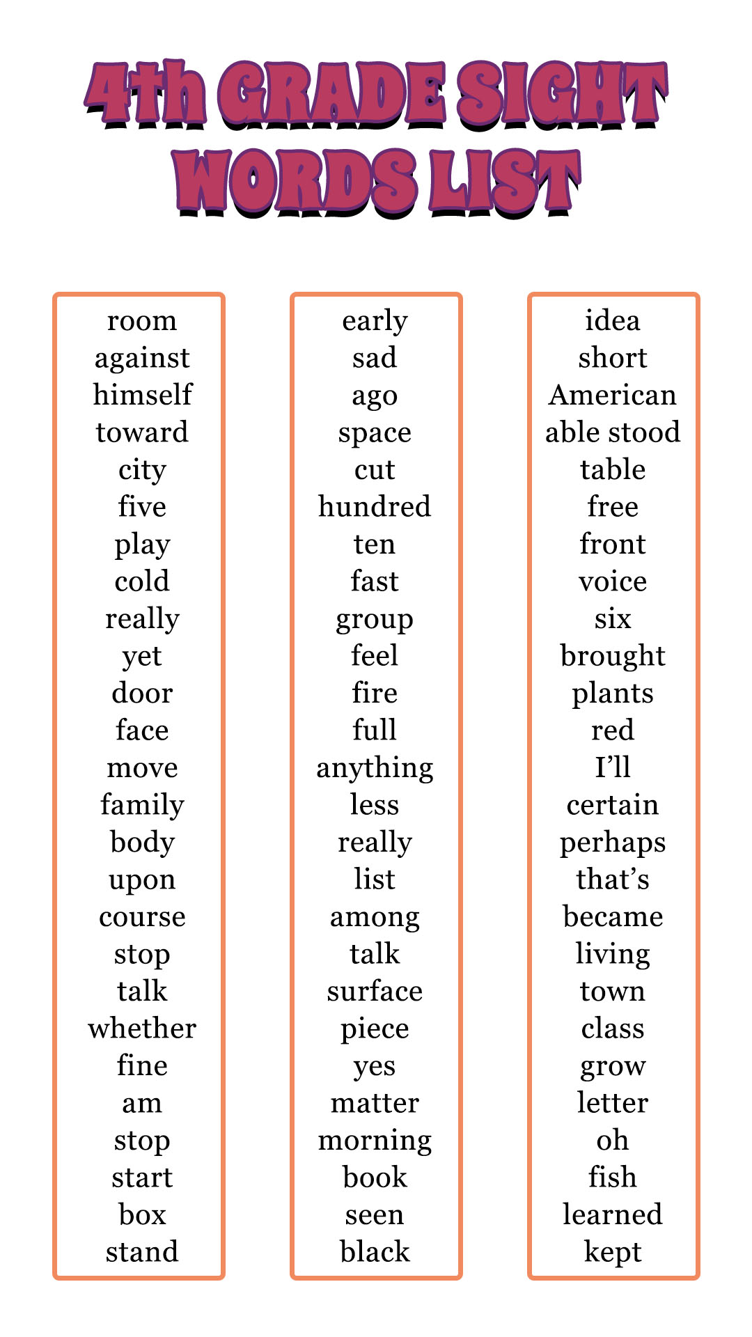 4th Grade Sight Words List