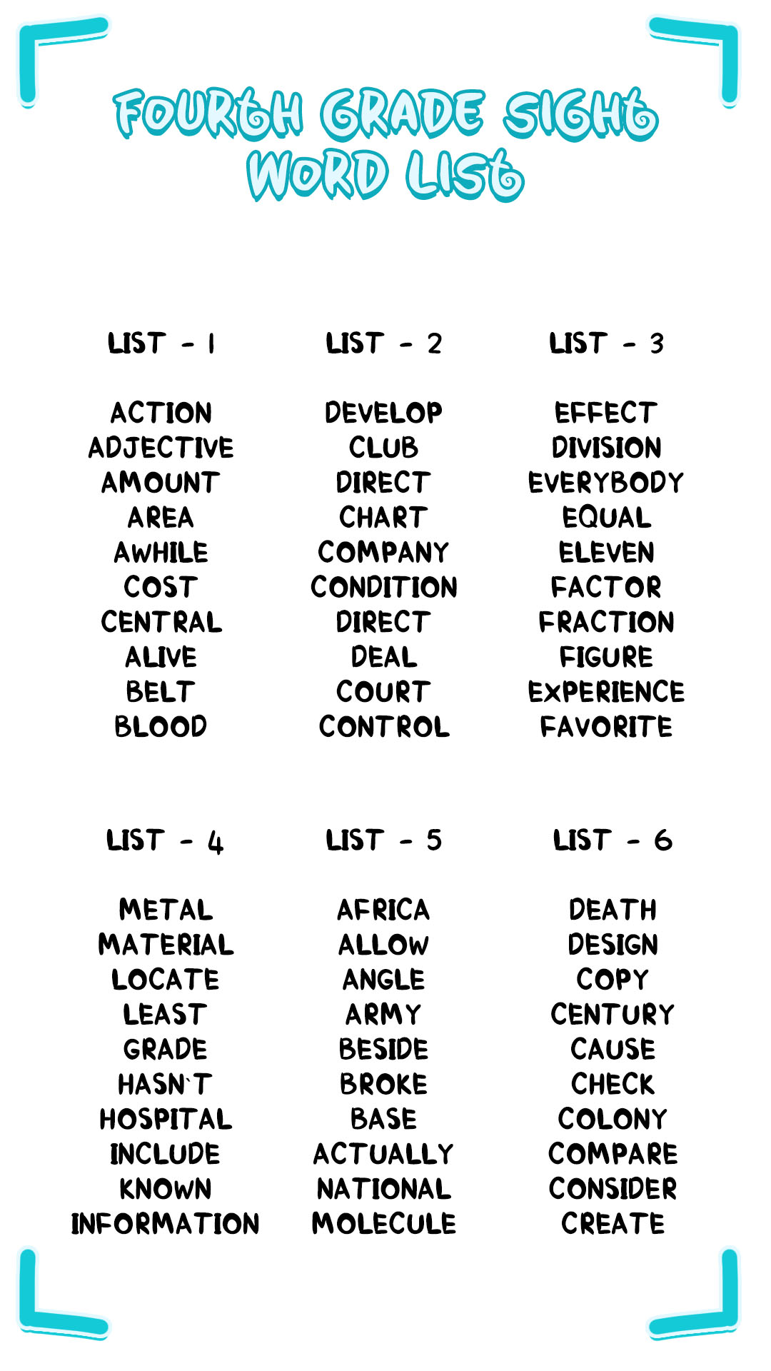 4th Grade Sight Words Printable