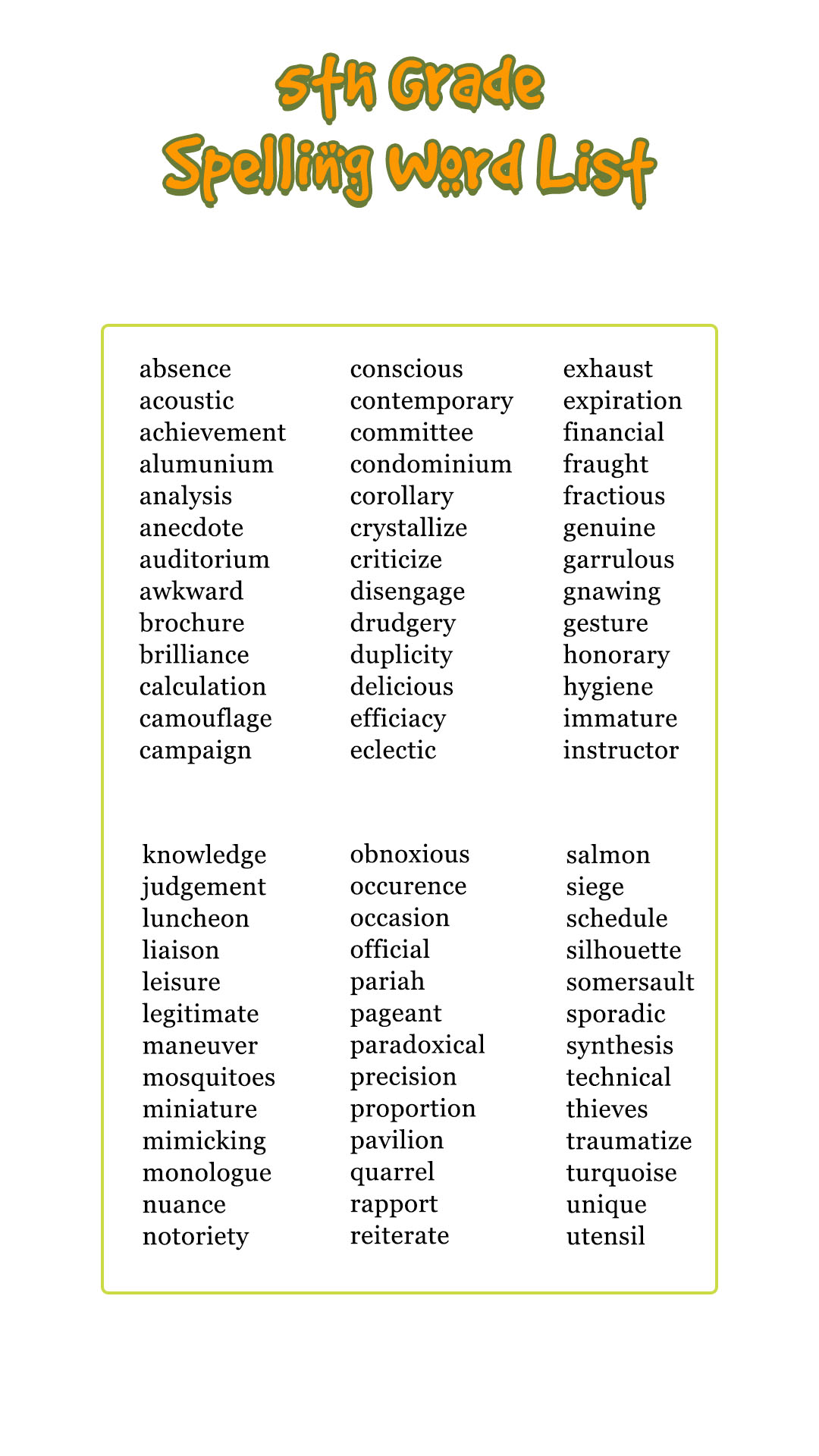 5th Grade Spelling Word List
