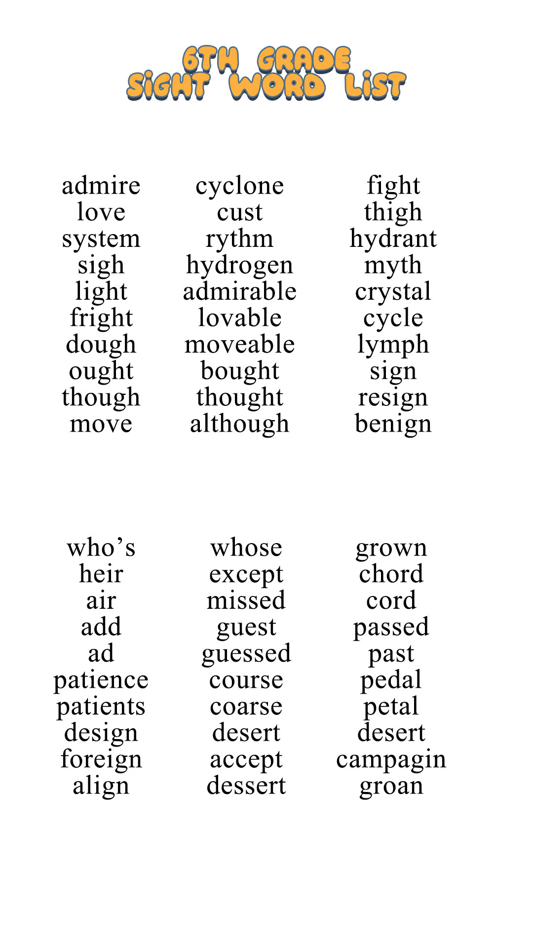 6th Grade Sight Word List