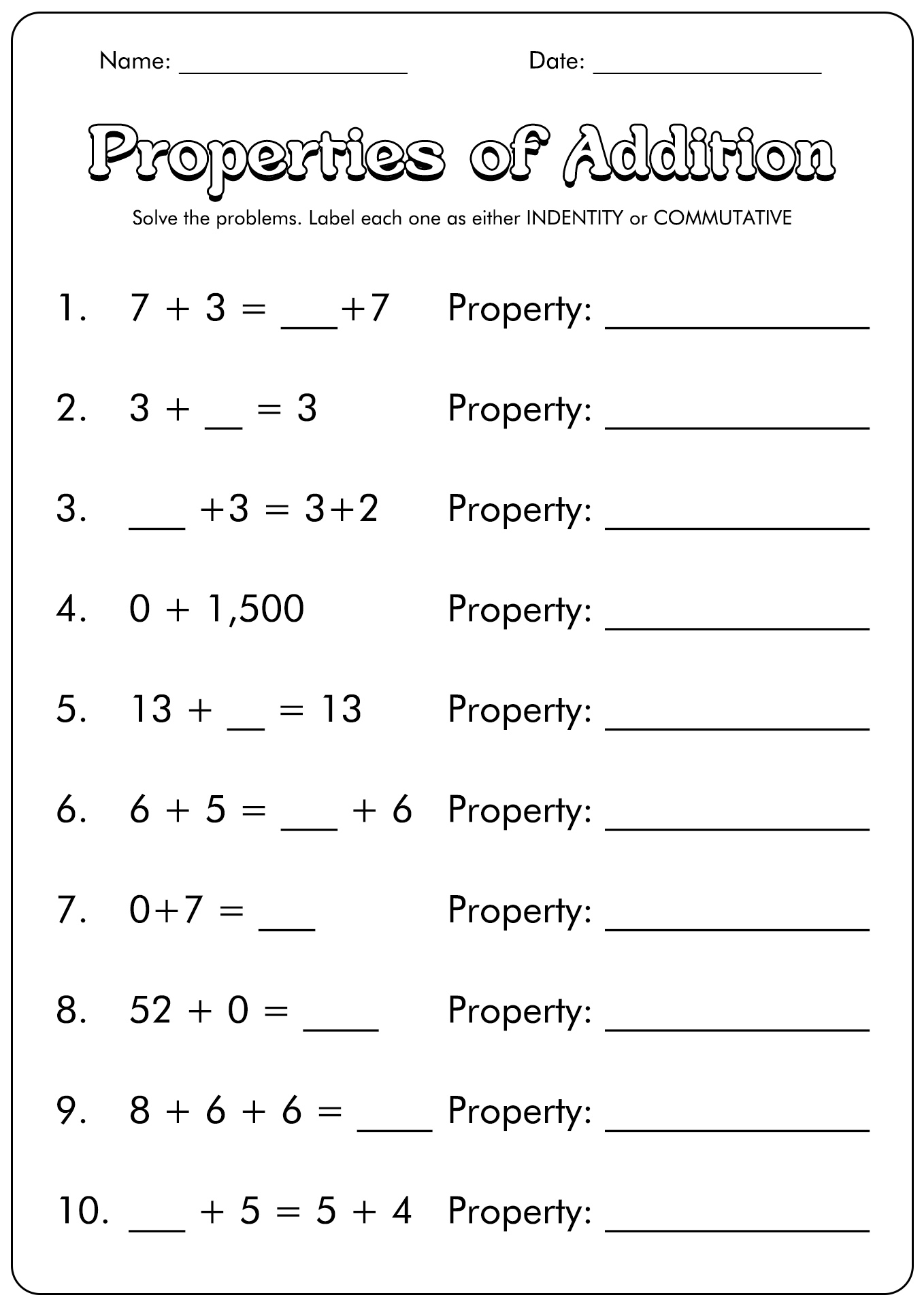 Addition Properties 3rd Grade Worksheets