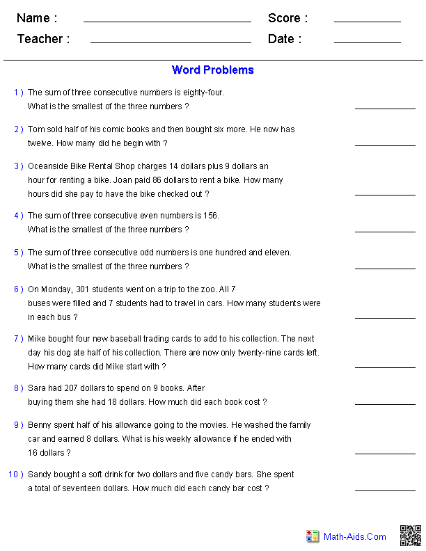 Algebra Equations Word Problems Worksheets Image