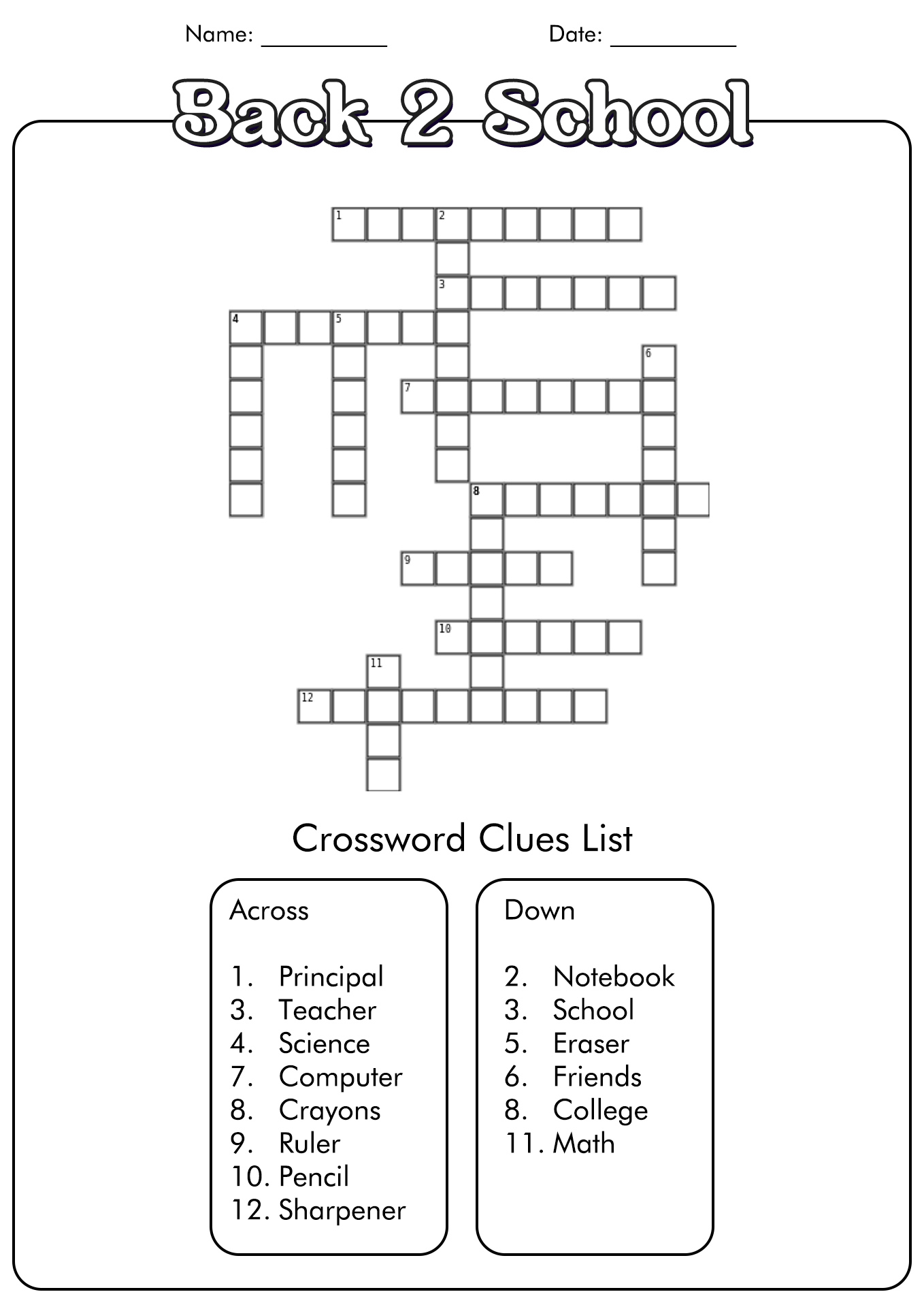 Back to School Crossword Puzzle Worksheets Image