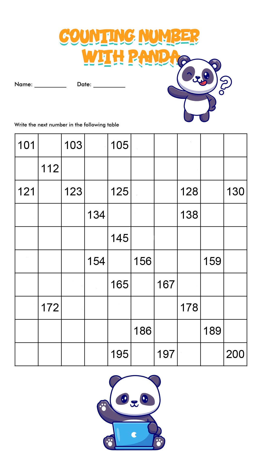 Writing Numbers 100 200 Worksheets