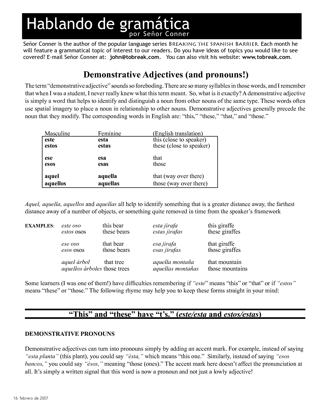 Demonstrative Adjectives and Pronouns Spanish Worksheet Image