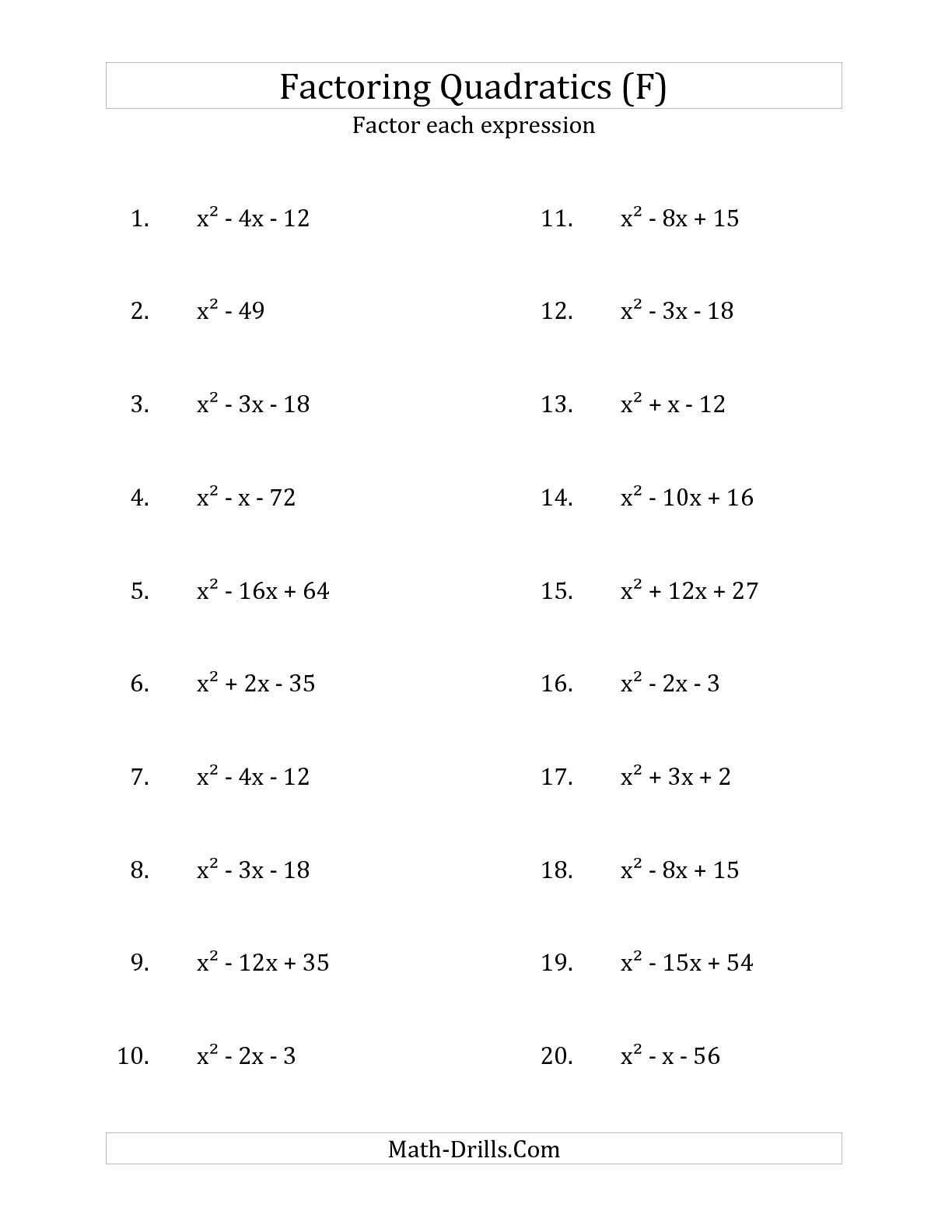 Factoring Algebraic Expressions Worksheets With Answers Throughout Factoring Linear Expressions Worksheet