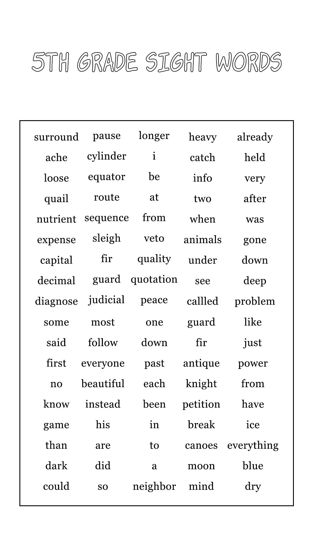 Fifth Grade Sight Words List